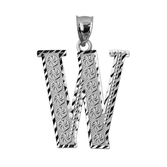 925 Sterling Silver Diamond Cut Large Initial Letter W Roman Pendant Necklace